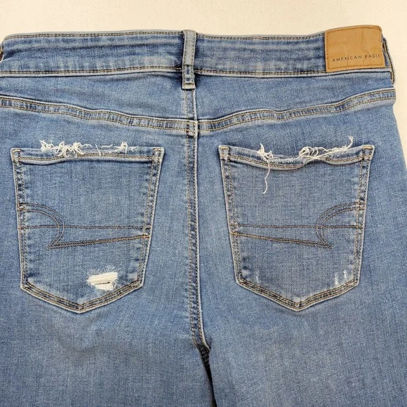 American Eagle Jeans Womens 4 Super High Rise Flare Raw Hem Stretch Ripped Denim - Picture 4 of 11